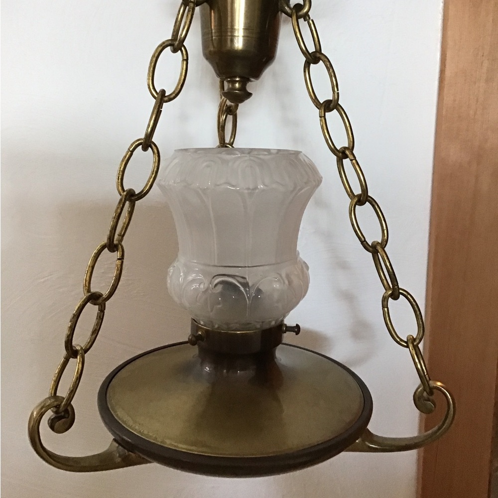 Vintage Brass Hanging Lamp with Frosted Glass Shade
